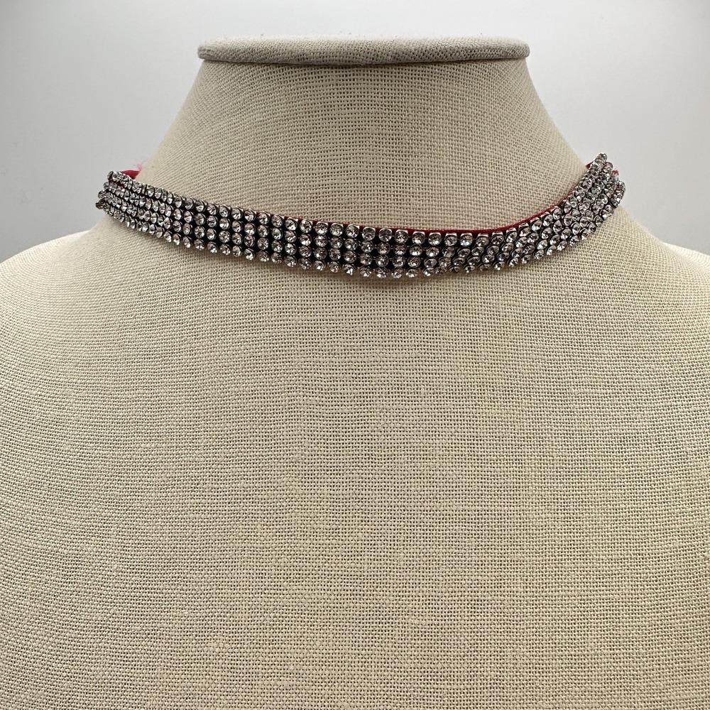 Vintage Y2K Multi Row Rhinestone Choker Necklace with Red Fabric Backing